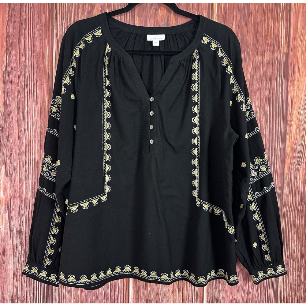 J. Jill Pure Jill Elements Women' Black Embroidered Peasant Boho Blouse Sz Large